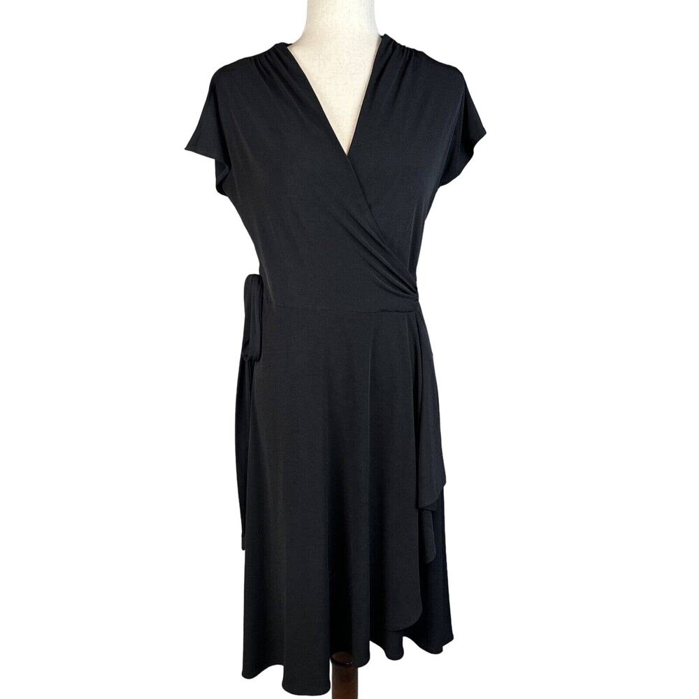 Vicky Tiel Womens Wrap Dress S Small Black Jersey Midi High Low Short Sleeve‎